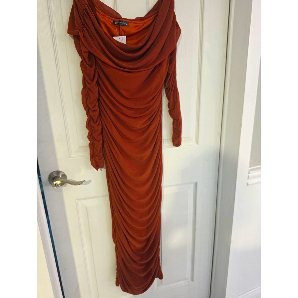 Prettygarden Brown Off-Shoulder Ruched Long Sleeve Bodycon Midi Dress, M